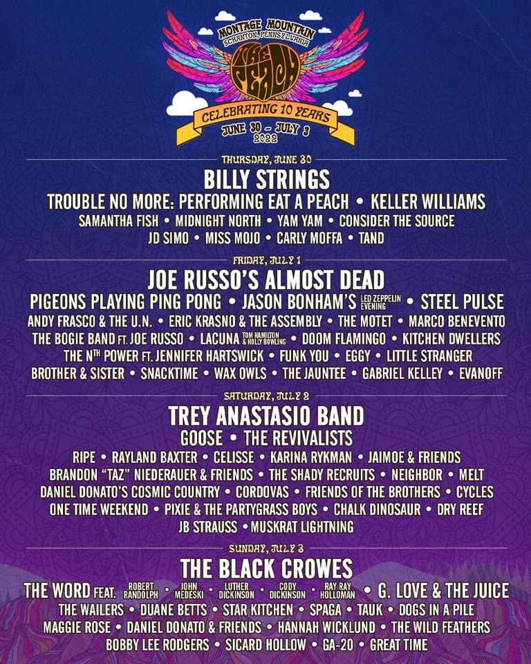 Peach Music Festival: June 30 - July 3, 2022; Montage Mtn; Scranton, PA
